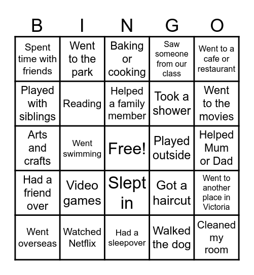 School Holiday Bingo Card