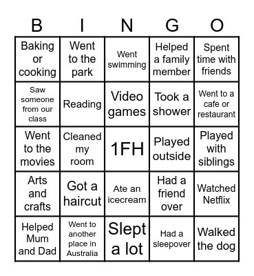 School Holiday Bingo Card