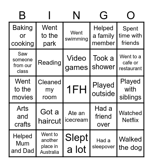 School Holiday Bingo Card