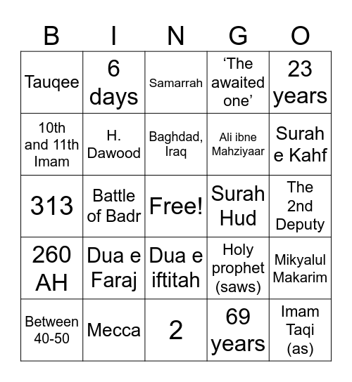 15th Shaban Bingo Card