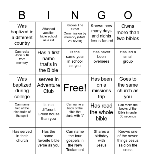 Christian Bingo! Find someone who... Bingo Card