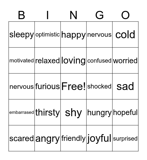 FEELINGS AND EMOTIONS Bingo Card