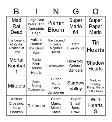 Hearts in Video Games [Round 2] Xin Bingo Card