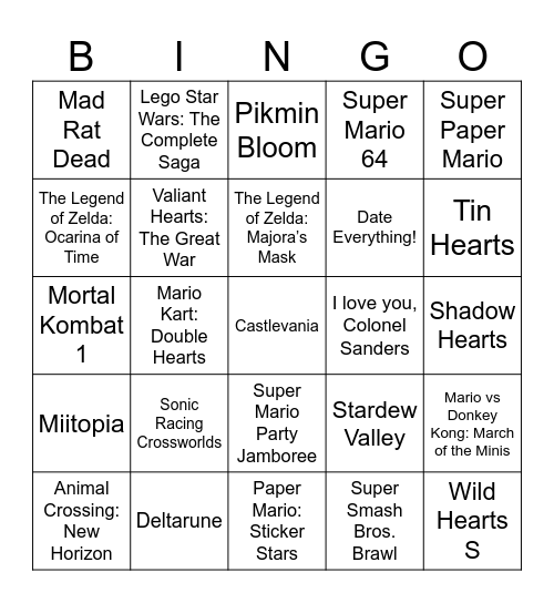 Hearts in Video Games [Round 2] Xin Bingo Card