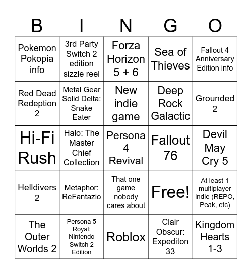 Nintendo Direct February Bingo Card