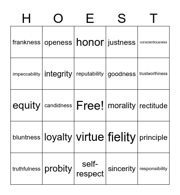 Honesty Bingo Card