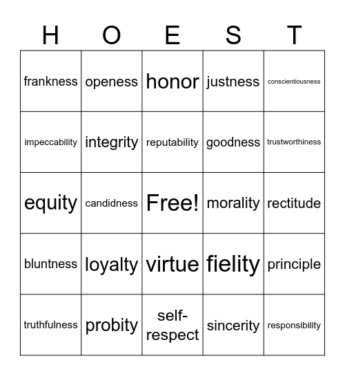 Honesty Bingo Card