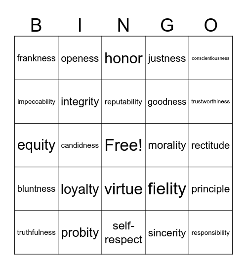 Honesty Bingo Card