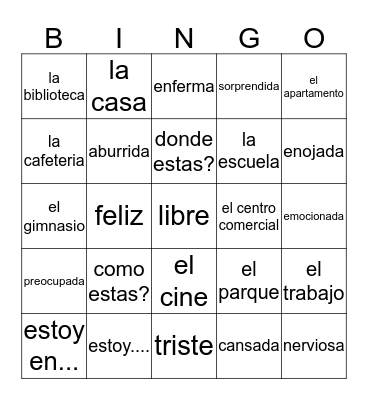 where I am and what I feel Bingo Card