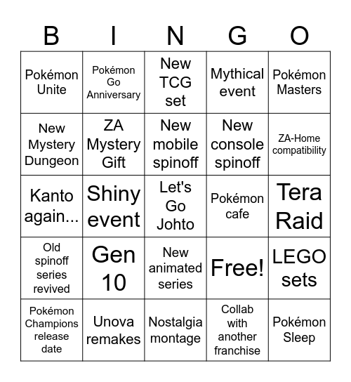 Pokémon 30th anniversary bingo Card
