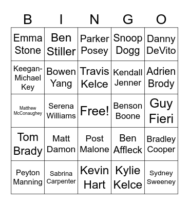 Super Bowl Commercial Celebrities Bingo Card