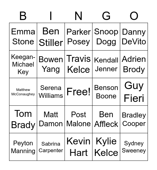 Super Bowl Commercial Celebrities Bingo Card