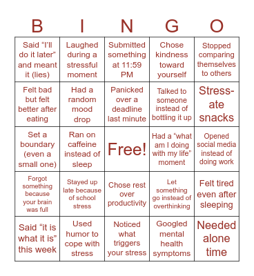 Mental Health Bingo Card