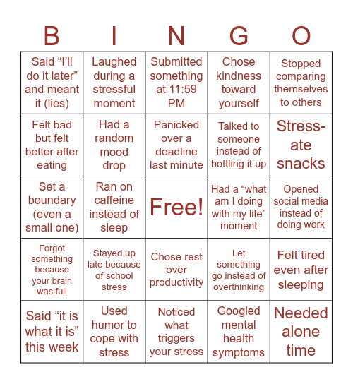 Mental Health Bingo Card