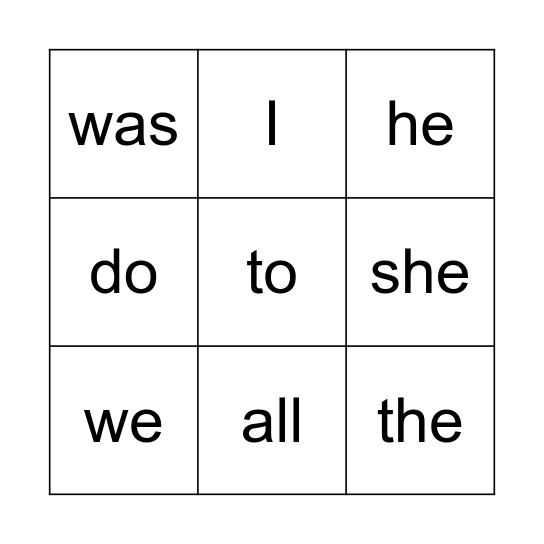 Tricky words Bingo Card