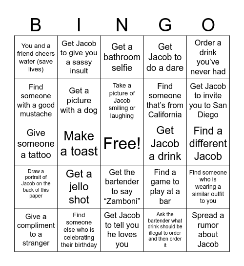JACOB’S Extravaganza Bingo Card