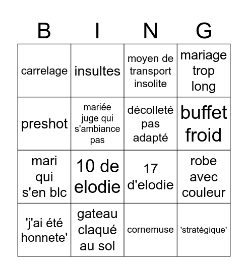 4 mariages pour une lune de miel Bingo Card