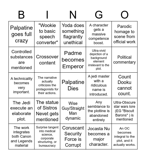 Star Wars Quil Bingo Card. Bingo Card