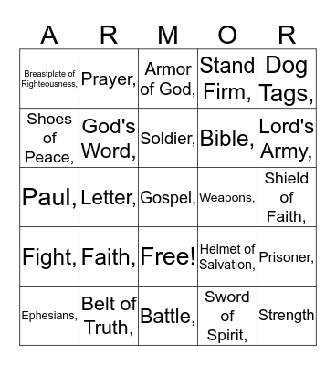 Armor of God Bingo Card