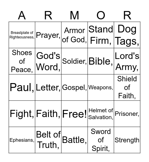 Armor of God Bingo Card