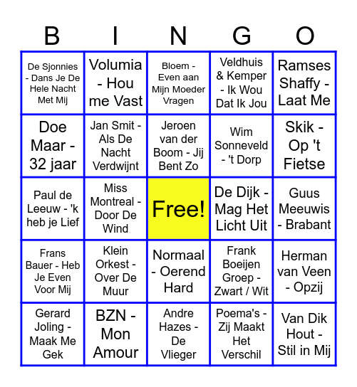 Nederlandse  Hits Bingo Card