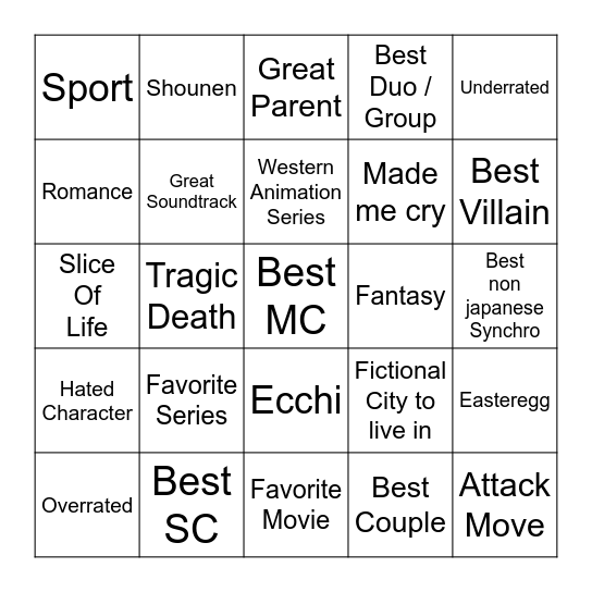 Anime Bingo Card