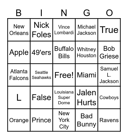 Super Bowl 2026 Bingo Card