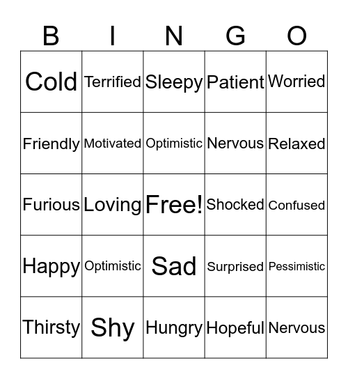 FEELINGS AND EMOTIONS Bingo Card