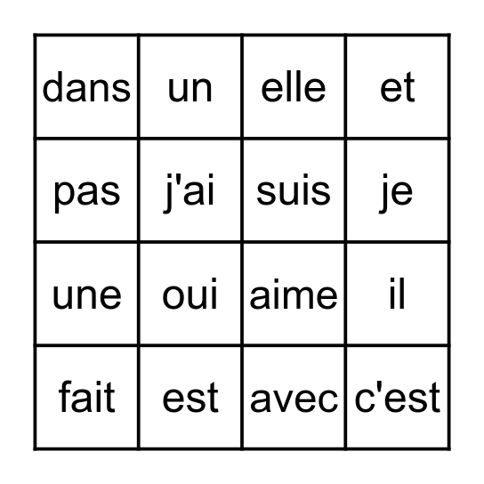 Mots Utiles Bingo Card