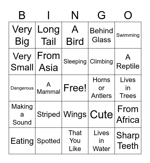 Animal Bingo Card