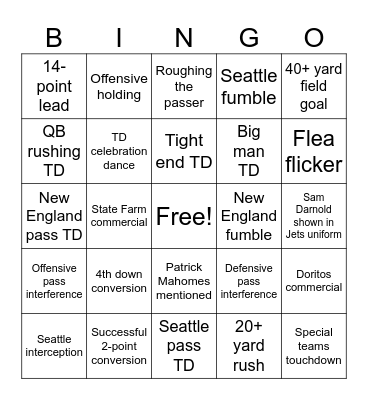 Super Bowl Bingo Card