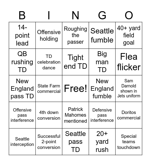 Super Bowl Bingo Card