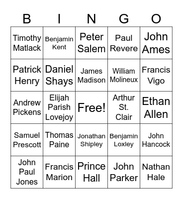 American Revolution Patriots Bingo Card