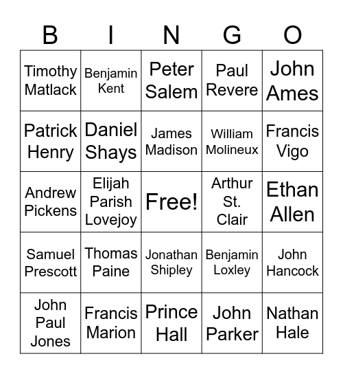 American Revolution Patriots Bingo Card