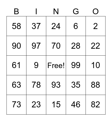 Place Value 1 - 100 Bingo Card