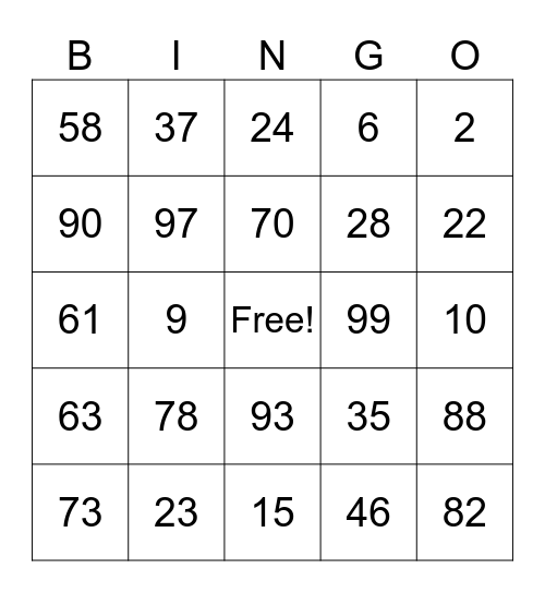 Place Value 1 - 100 Bingo Card