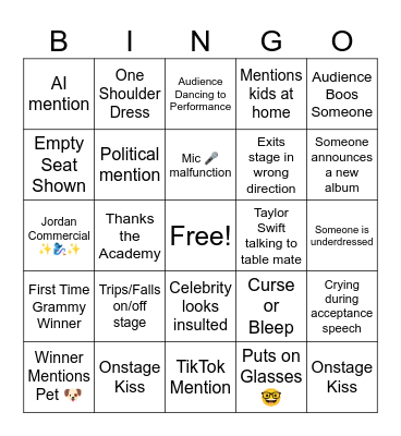2026 Grammy Awards Bingo Card