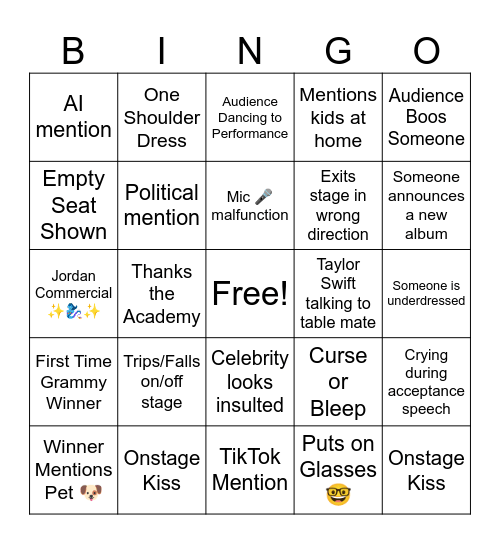2026 Grammy Awards Bingo Card