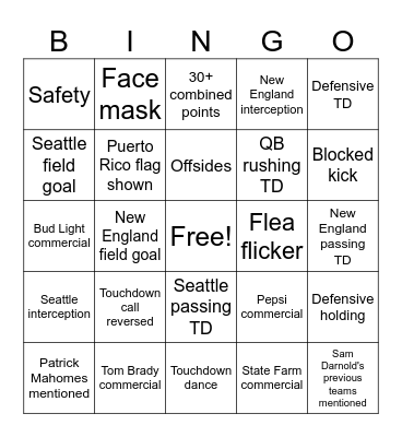 Super Bowl Bingo Card