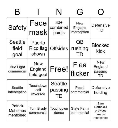 Super Bowl Bingo Card