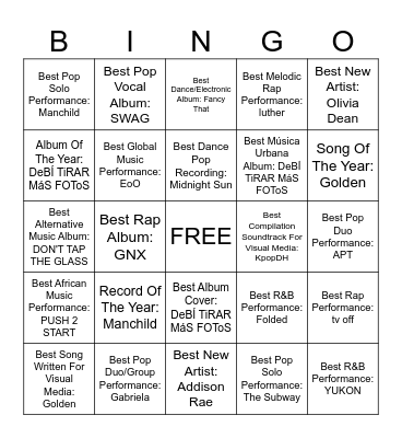 Grammy 2026 Bingo Card