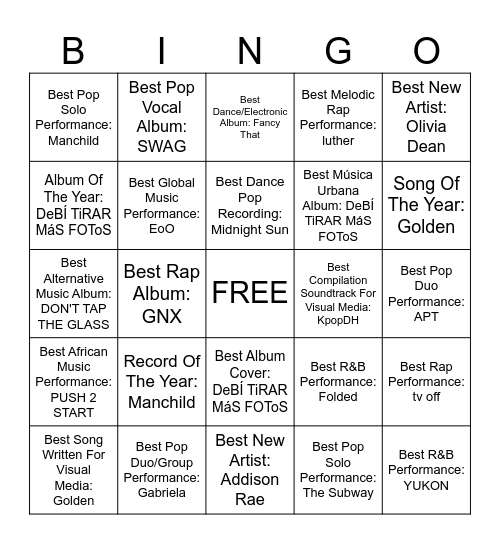 Grammy 2026 Bingo Card