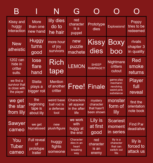 Poppy playtime chapter 5 predictions By A.C (IF SHEEP RAMPAGE SEES THIS, I"M YOUR BIGGEST FAN!!!!) =) Bingo Card