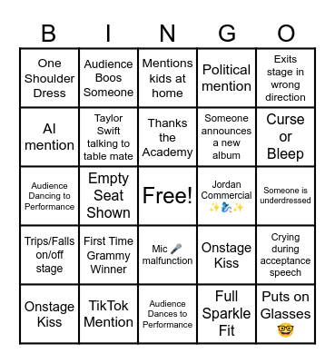 2026 Grammy Awards Bingo Card