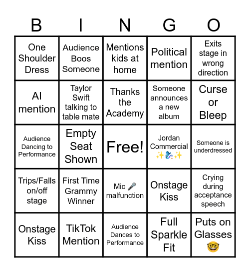 2026 Grammy Awards Bingo Card