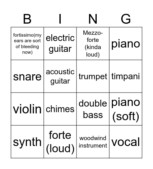 music bingo Card