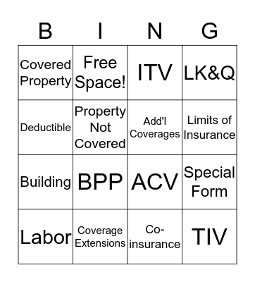 Commercial Property  Bingo Card