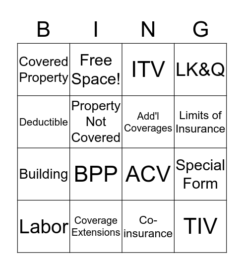Commercial Property  Bingo Card