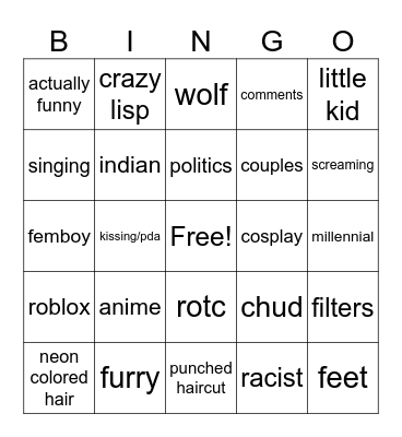 cringe Bingo Card