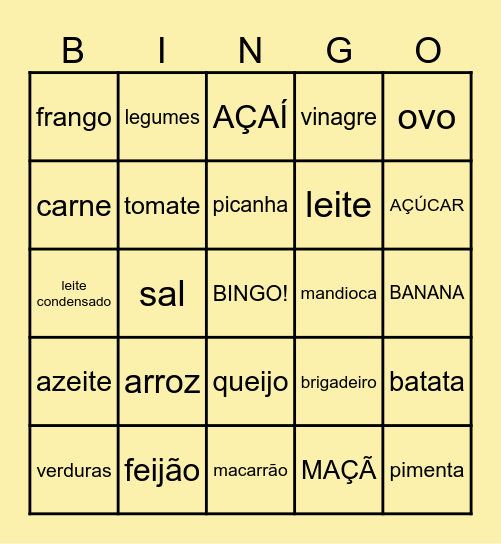 Comidas Brasileiras Bingo Card